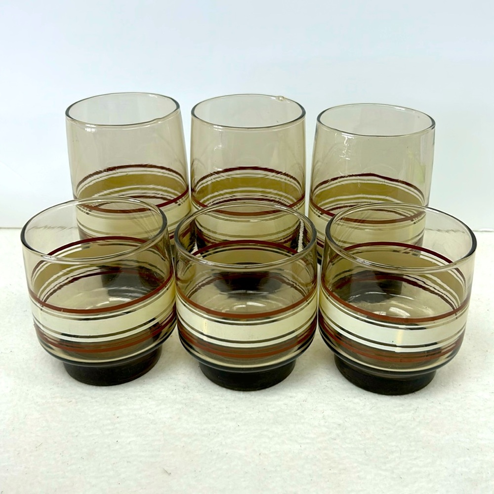 Vintage Libbey striped design smoked glassset of 3 high and 3 lowball tumblers